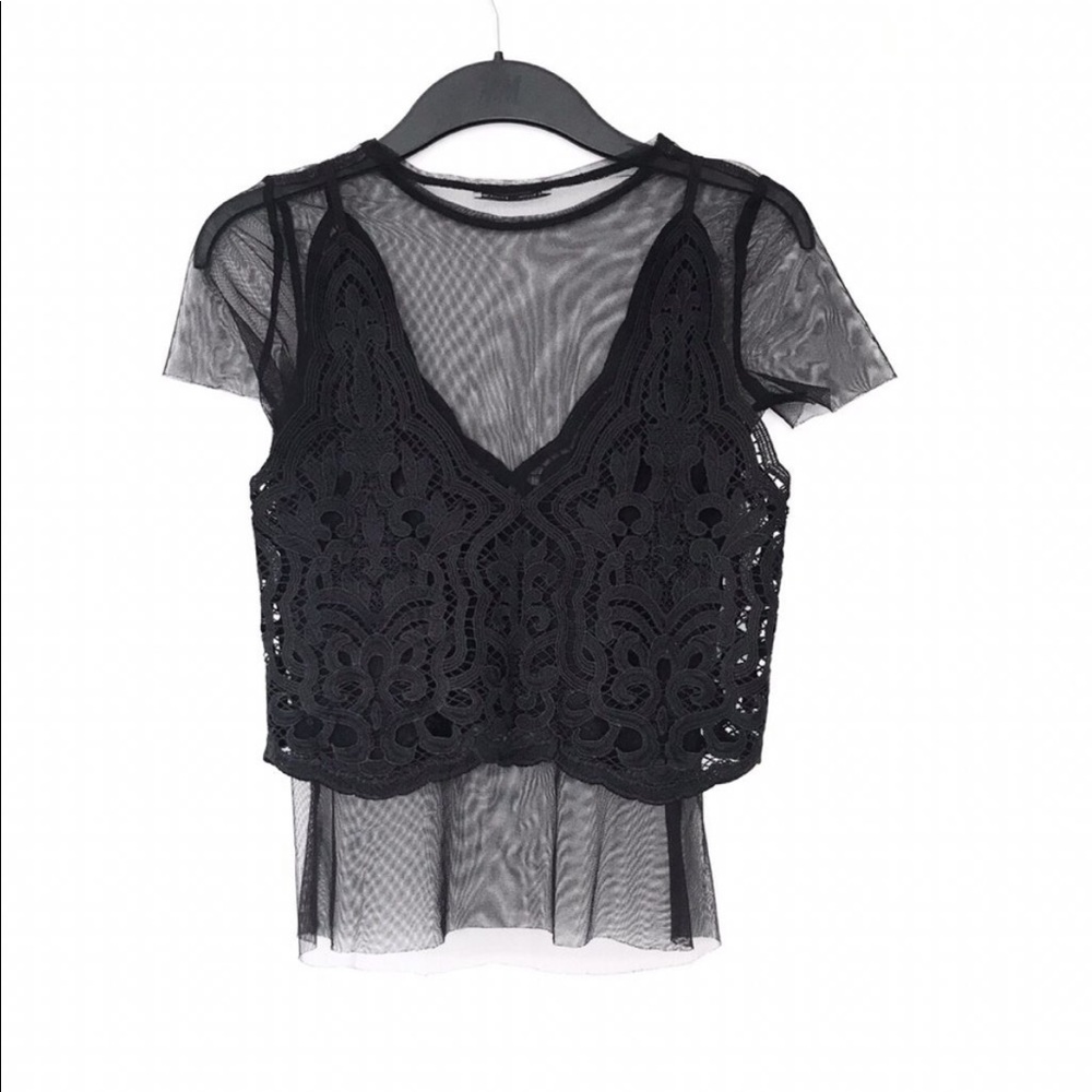 Zara Sheer T Shirt with Lace Overlay sz M